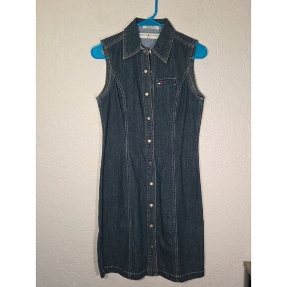 VTG Rare Tommy Hilfiger Jeans Denim Button Snap Sleeveless Dress Pockets Sz 2 - Picture 1 of 6